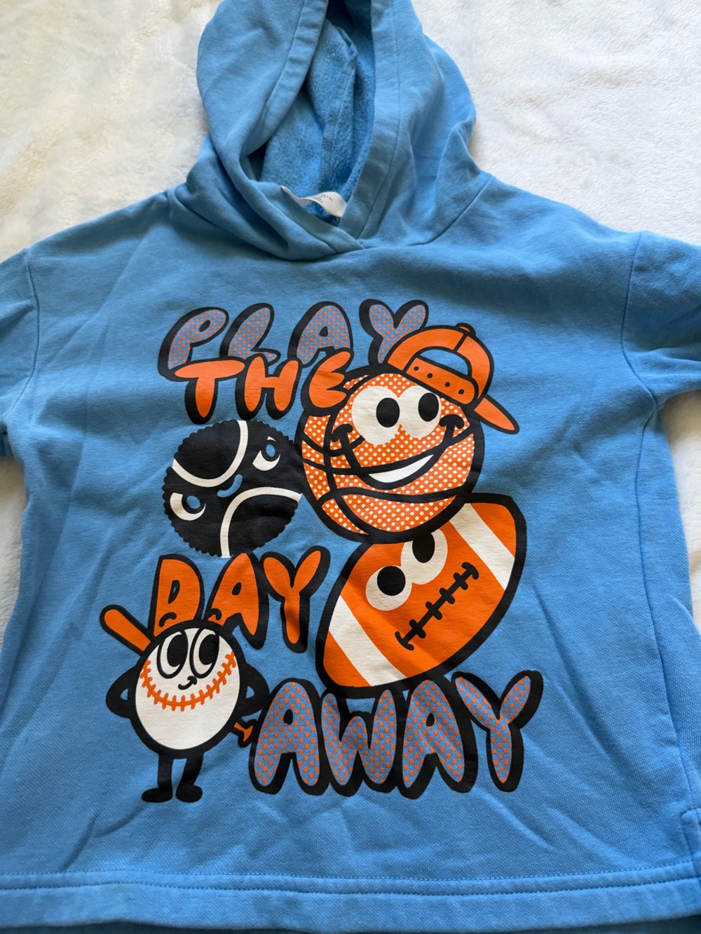H&M Blue Hoodie with Orange & Black Sports Character Graphic